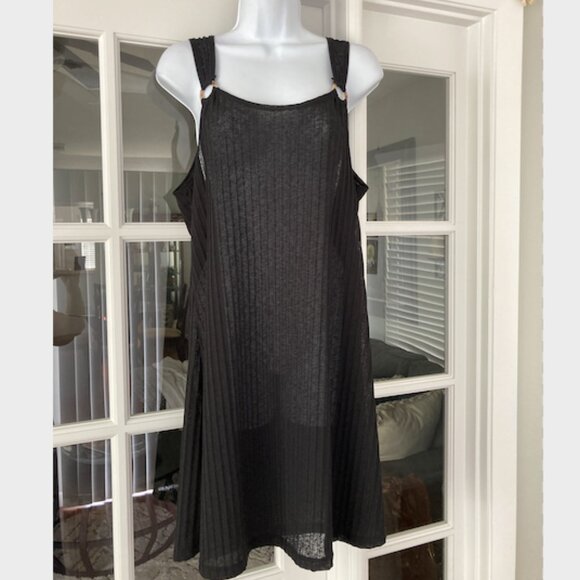 Pacific Beach Black Ribbed Semi Sheer Beach Cover Up Sleeveless Shift 1X - Picture 1 of 6